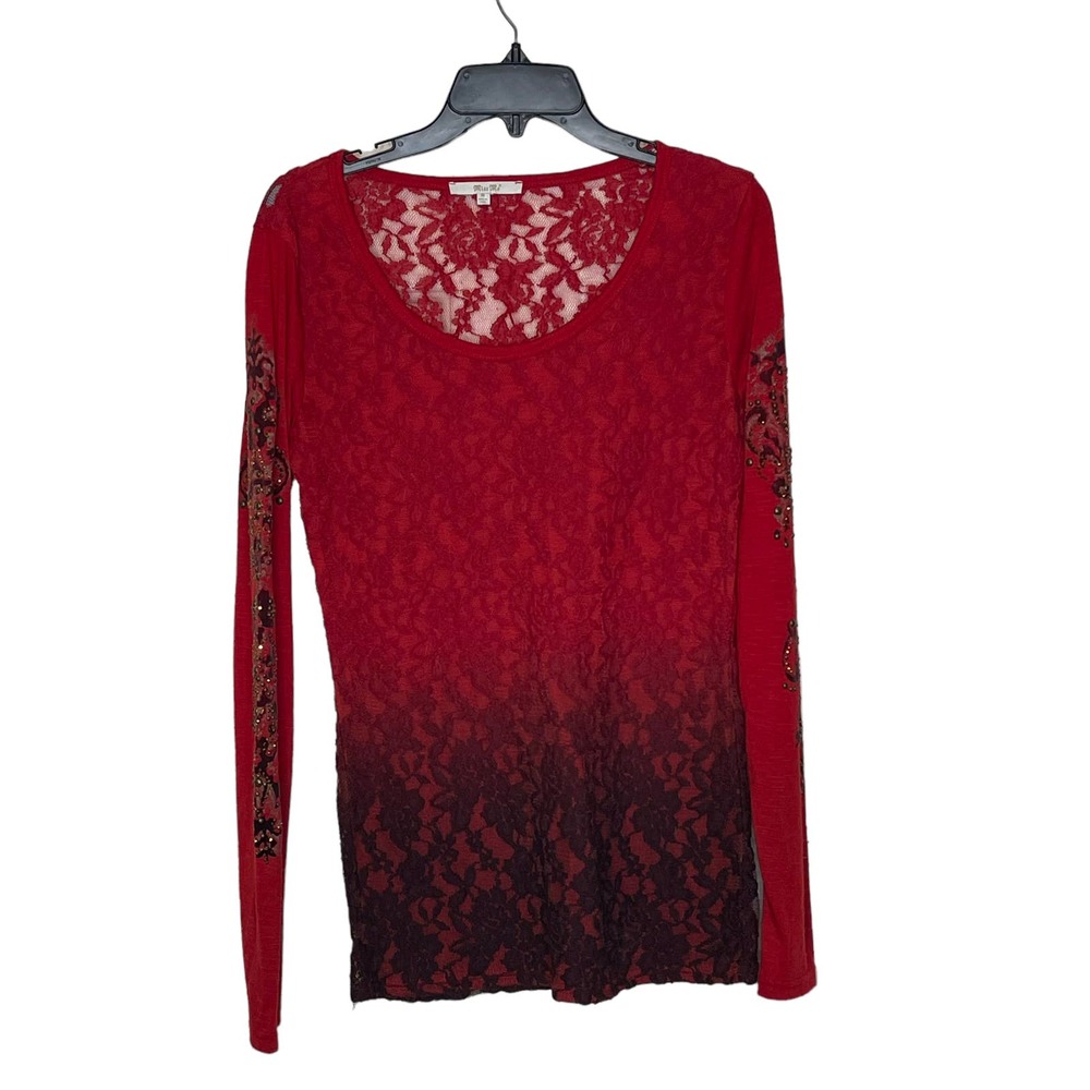 Miss Me Ombre Floral Lace Pull Over Top Size Medium Women  Long Studded Sleeve